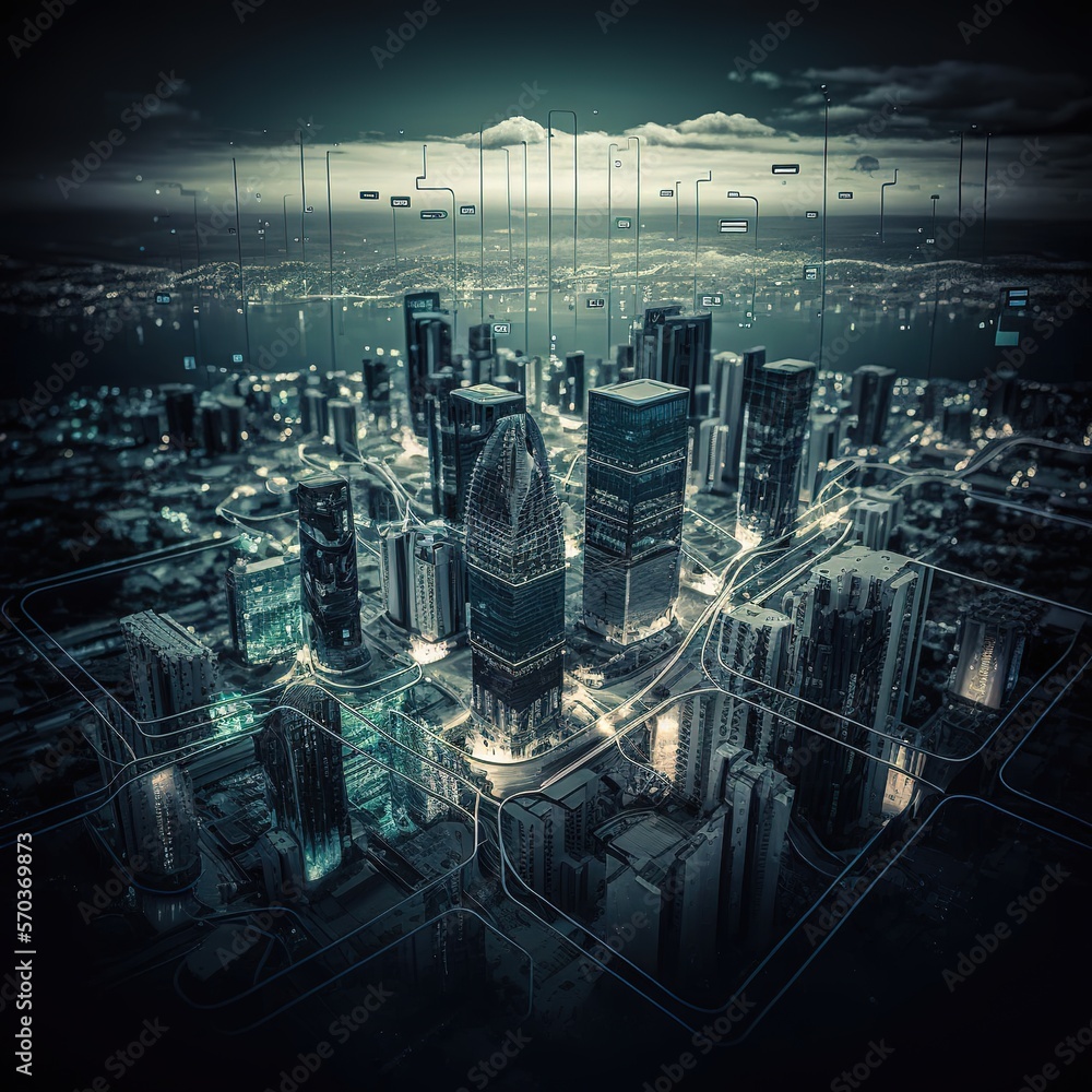Poster abstract city skyline, smart city and abstract dot point connect with gradient line and aesthetic in