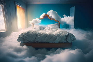 Cozy large double-steel bed with soft white fluffy linen and filler like clouds are shrouded in a bedroom. The concept of sweet sound sleep at home - obrazy, fototapety, plakaty