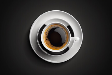 A Top View Aerial Shot of a Steaming Cup of Coffee on a dark background, Captured from Above for a Unique and Appealing Perspective on This Morning Essential