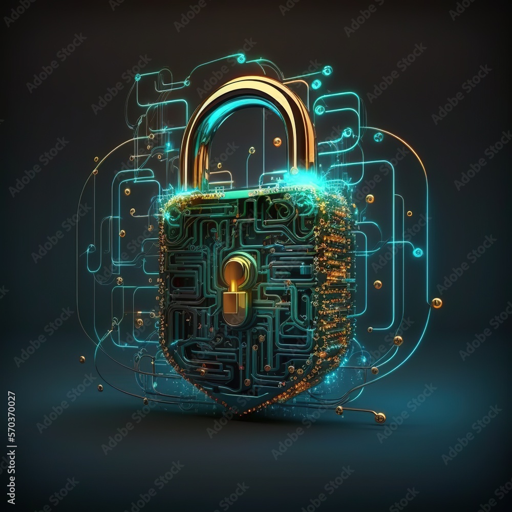 Poster padlock with keyhole for data security on the circuit's convergent point. cyber data and information