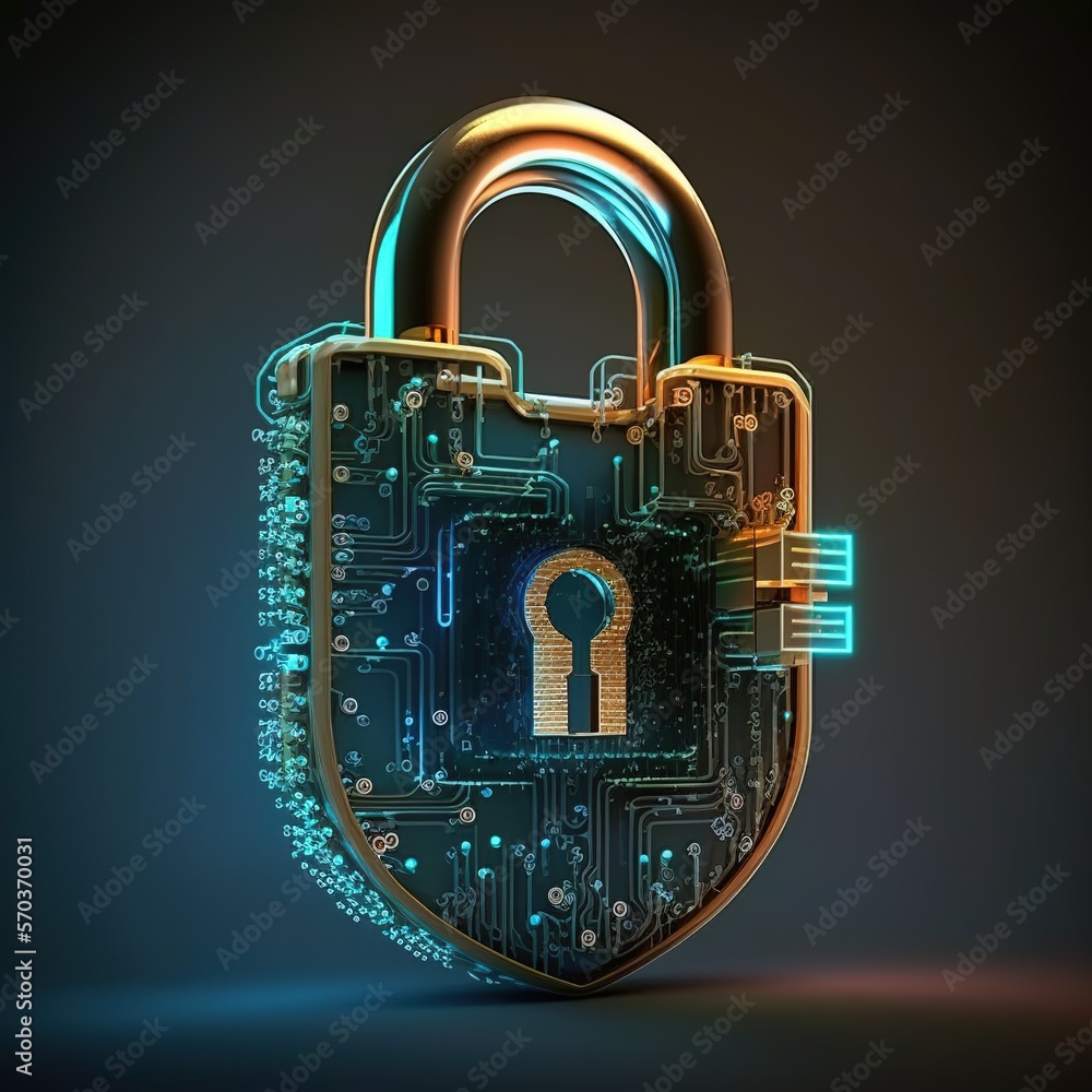 Poster data security padlock with keyhole at circuit's convergent point. privacy in cyberspace and informat