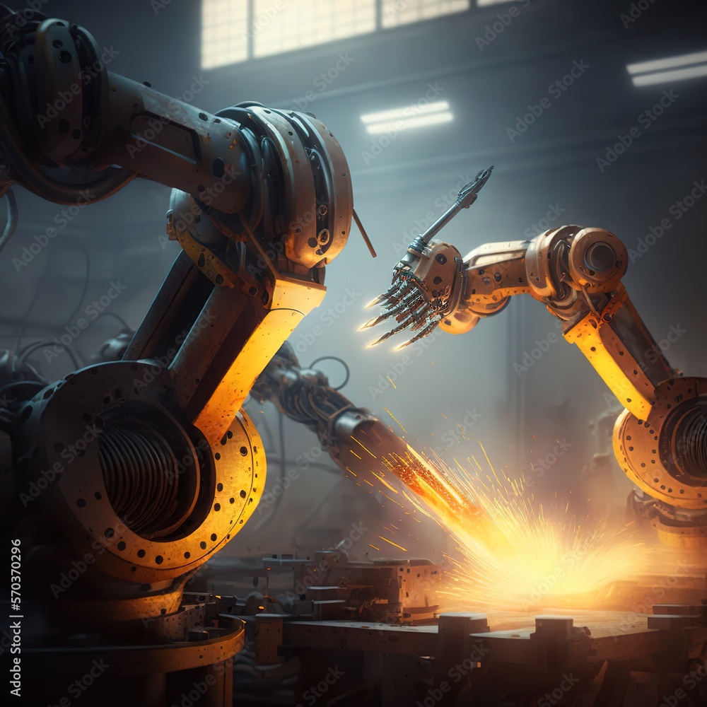 Sticker Industrial welding robots, robotic arms at work in a futuristic factory, generative ai