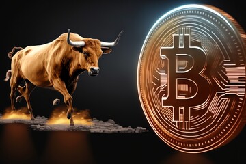 BTC Bull Run - Bitcoin Logo with running bull - in wild west theme - Financial Market - Business Investment Generative AI Illustration 
