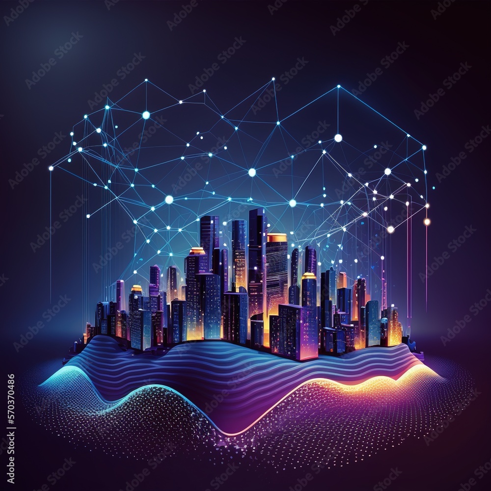 Poster dot point for smart cities connect with a gradient grid line, metaverse connection technology concep