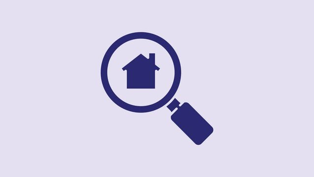 Blue Search house icon isolated on purple background. Real estate symbol of a house under magnifying glass. 4K Video motion graphic animation