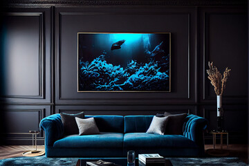 Rich Navy blue sofa and armchair in luxury living room interior. Luxury living room interior design. High quality ai generated illustration.