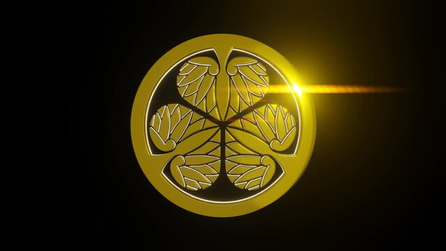 金色に輝く回転する立体の葵の紋のシームレスなループアニメーション動画
