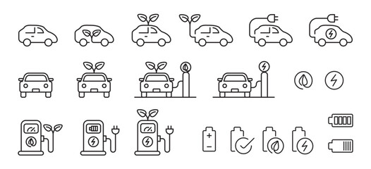 EV Electric vehicle line icon set. Electricity car clean energy eco friendly green gas power sign collection vector graphic design illustration