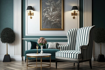 Interior of modern living room with striped accent coffee table and classical patterned armchair, empty wall. Home design - created with AI