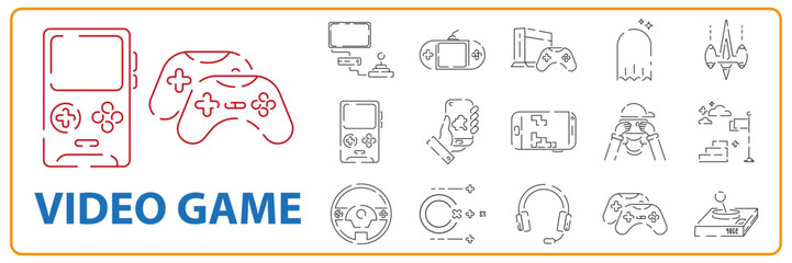 Video games line icon set. Game genres and attributes. Computer and controller or console. Portable game device mobile - obrazy, fototapety, plakaty