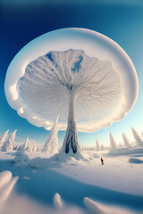 giant mushroom in winter landscape, Generative AI