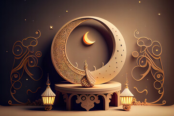 Exceptional Islamic theme podium with a shiny golden mosque shape. Generative Ai