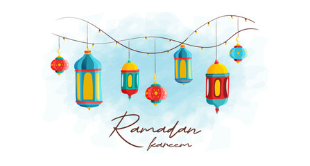 Ramadan Kareem Islamic Holy Month Greeting Lantern Hand Drawn Colorful Illustration