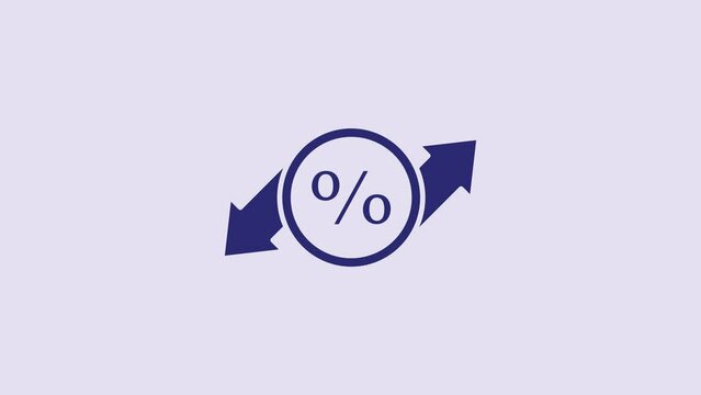 Blue Discount percent tag icon isolated on purple background. Shopping tag sign. Special offer sign. Discount coupons symbol. 4K Video motion graphic animation