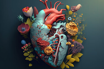 Human heart with flowers, love and emotion concept, good hearted person, help and charity, generative ai