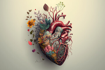 Human heart with flowers, love and emotion concept, good hearted person, help and charity, generative ai