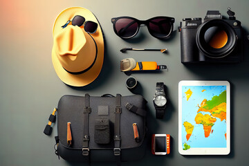 Exceptional Top view of Traveler accessories and items man with black for planning travel vacations on the world for text banner and copy space. Generative Ai