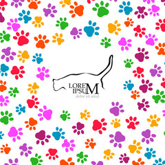 colored footprints of animals. Frame and silhouette of a cat. Vector illustration. World wildlife day