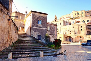 view of the famous Sassi di Matera carved into the rock in Matera, Basilicata, Italy