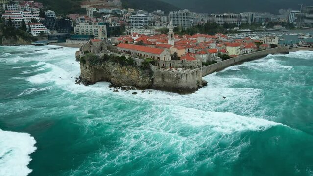 aerial view stormy sea near the old town budva in montenegro 