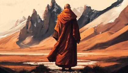 tibetan monk on the background of mountains, created by a neural network, Generative AI technology
