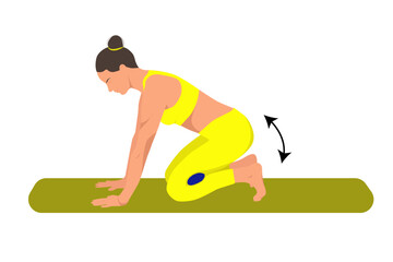 Vector illustration. A woman performs exercises on a mat with a needle ball for myofascial relaxation. The ball is used to relax trigger points.