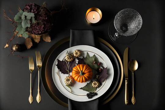 Thanksgiving Dinner Formal Table Setup With Luxury Tableware Idea. Generative AI