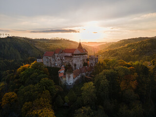 An old castle Pernstejn in Czech republic at sunset.