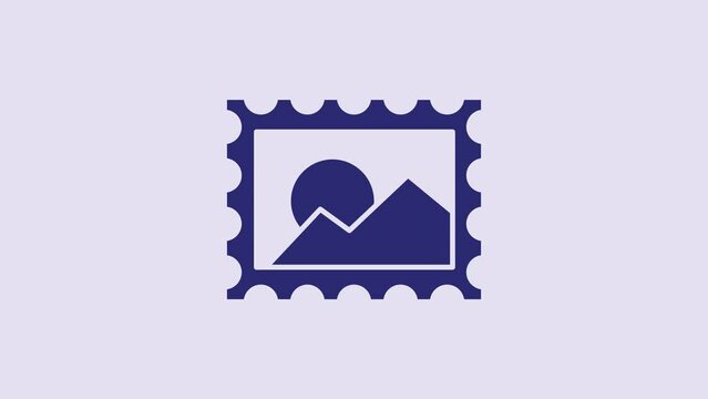 Blue Postal stamp icon isolated on purple background. 4K Video motion graphic animation