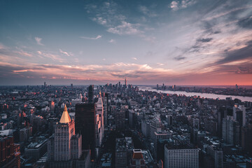 Sunset image of the New York City skyline from midtown 