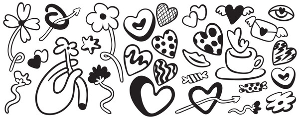 big set of decorative elements in doodle style. Vector objects for design and printing. Decorative elements for valentines day. Simple line designs.
