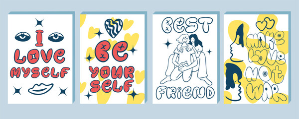 set of postcard posters for valentine's day. Vector objects for design and printing. Decorative elements for valentines day. Simple line designs. Original monochrome illustrations