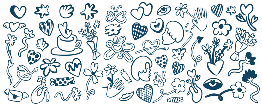 big set of decorative elements in doodle style. Vector objects for design and printing. Decorative elements for valentines day. Simple line designs.