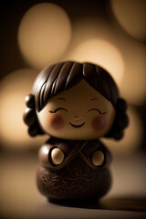 Super-cute chibi Netsuke miniature photograph, happy tiny doll figure / figurine, bokeh background, generative ai