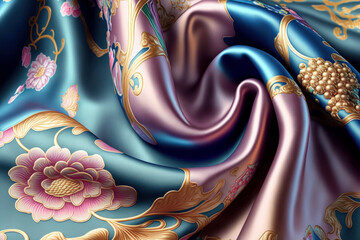 Plano detalle de un pañuelo artesano de seda violeta y azul, creada con IA generativa
