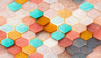 Seamless modern Tile design, hexagon Tile, colorful, Print texture, Background Banner, Generative AI