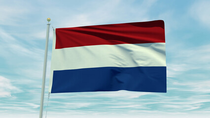 Seamless loop animation of the Netherlands flag on a blue sky background. 3D Illustration