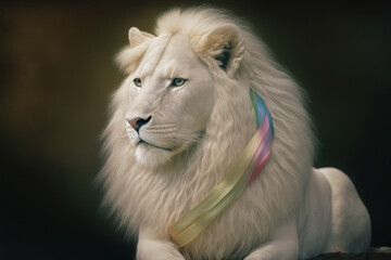 White albino lion with rainbow ribbon. LGTBIQ+. generative ai