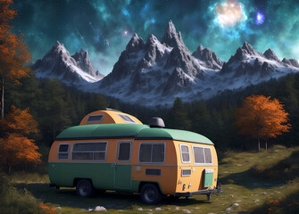 camping in the mountains. trailer car, caravan, journey, rocks, star landscape
