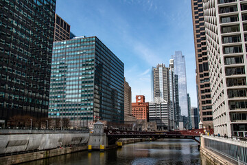 Chicago River Skyline of Skyscrapers in Downtown Chicago, IL