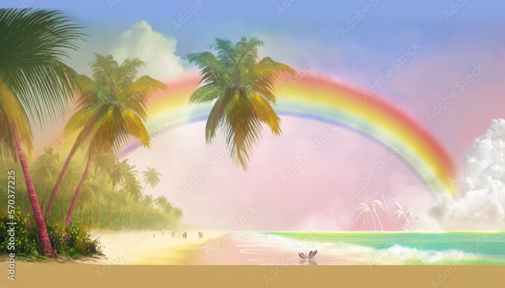 Poster a painting of a beach with palm trees and a rainbow in the sky over the ocean and a butterfly on the