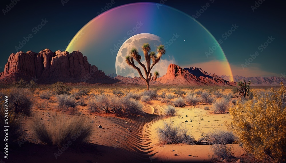 Poster a desert scene with a rainbow in the sky and a rainbow in the sky over the mountains and desert area
