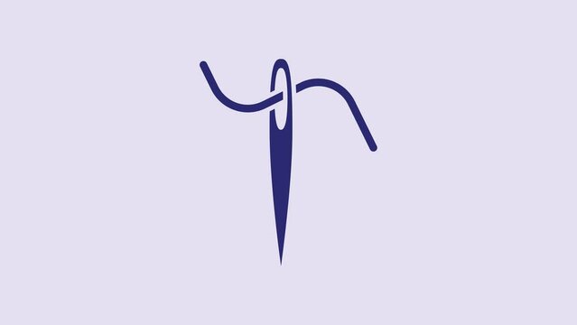 Blue Needle for sewing with thread icon isolated on purple background. Tailor symbol. Textile sew up craft sign. Embroidery tool. 4K Video motion graphic animation