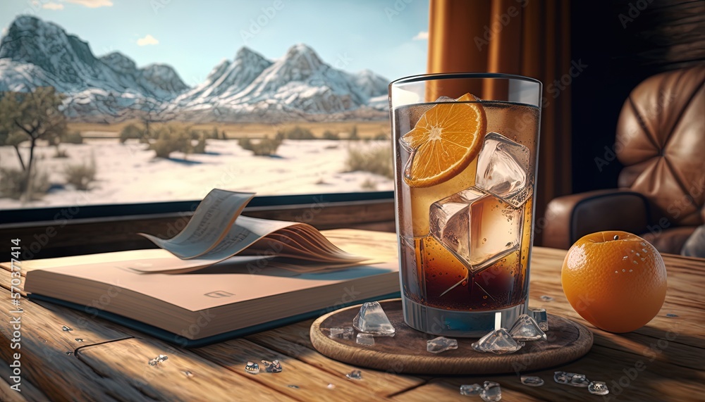 Poster a glass of ice tea with an orange slice and a book on a table with a view of mountains and a snowy m