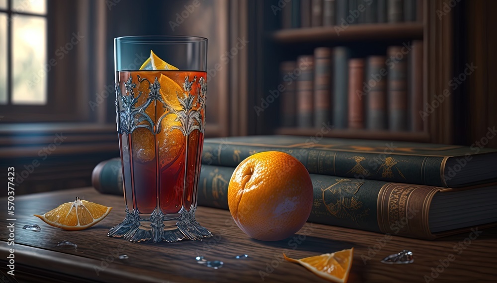 Poster a glass of orange juice next to an orange on a table next to a bookshelf and a pair of oranges on a 