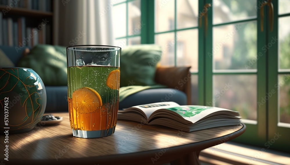 Poster a glass of liquid sitting on a table next to a book and a vase with orange slices in it and a book o