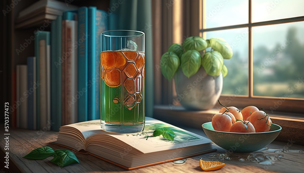 Poster a book and a bowl of oranges on a table next to a glass of orange juice and a bowl of oranges on a t
