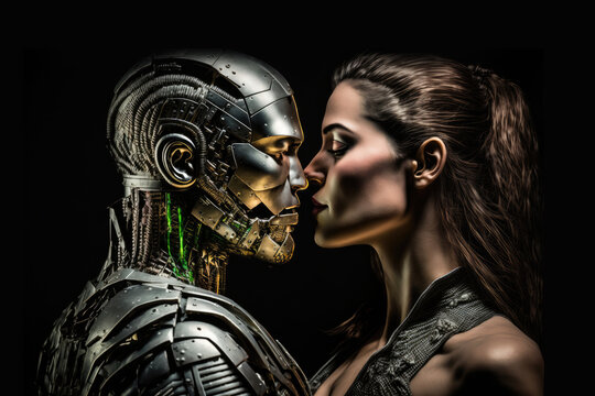 Beautiful woman kissing a male robot - human humanoid romantic relationship with copy space, generative ai