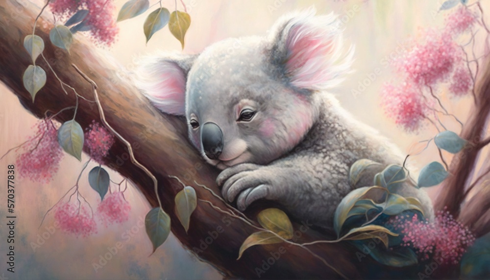 Poster a painting of a koala sitting in a tree with pink flowers on it's branches and a branch with leaves 