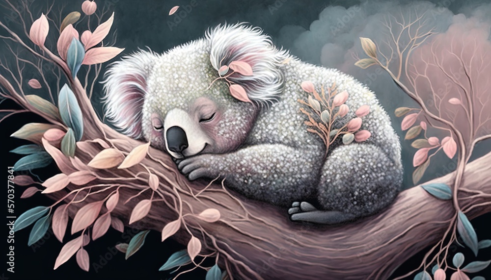 Poster a painting of a koala sleeping on a tree branch with leaves and branches around it, with a black bac